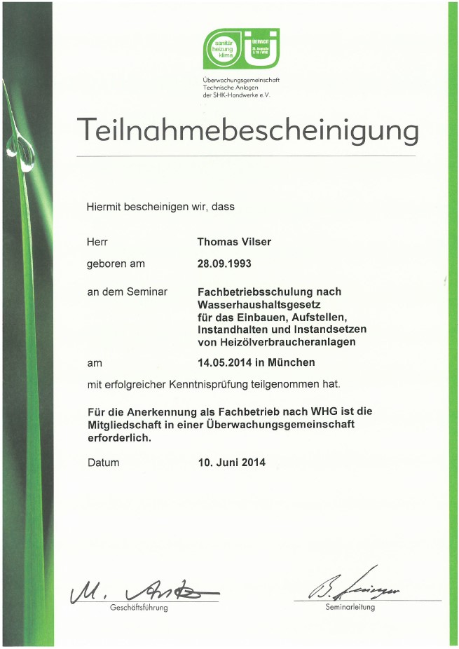 Schulung Heizölverbraucheranlagen