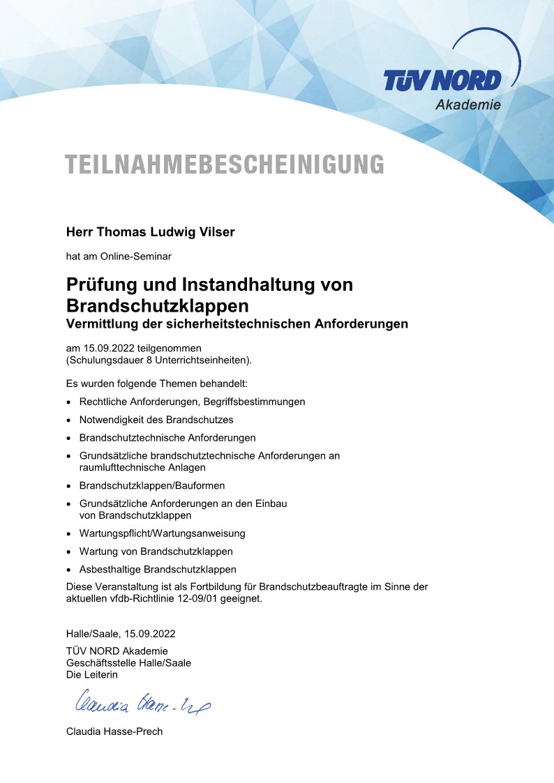 Instandhaltung von  Brandschutzklappen