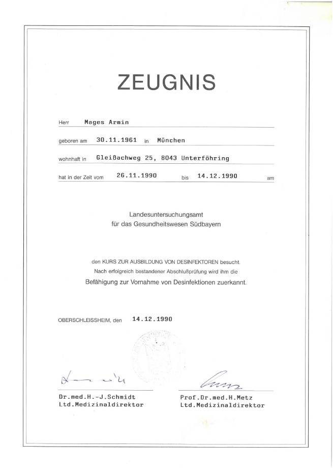 Zeugnis Desinfektor